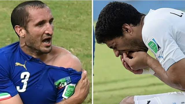 Por outro lado, a primeira fase também teve um dos lances mais polêmicos da Copa: a mordida do uruguaio Luis Suarez no italiano Giorgio Chiellini. Suarez foi punido pela Fifa e não pôde jogar as oitavas de final com a seleção uruguaia, que acabou eliminada pela Colômbia. (Foto: AFP)