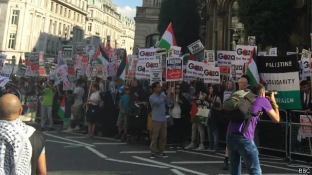 حمل المتظاهرون لافتات تطالب بالحرية لفلسطين وغزة.