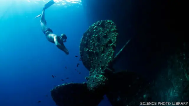 Buzo en las inmediaciones de un barco hundido.