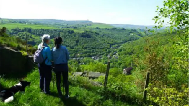 和Annie在山顶俯瞰Hebden Bridge, Moss也凑上前来。