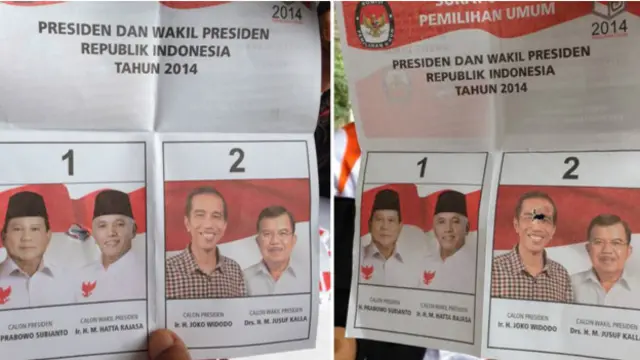 Surat suara ini dianggap tidak sah di salah satu TPS di Jakarta karena lubangnya dianggap terlalu besar. 
