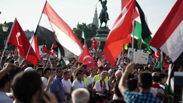 آسٹریا کے شہر ویانا میں اتوار کے روز مظاہرے میں لوگوں نے فلسطین کے ساتھ یکجہتی کے طور پر مختلف اسلامی ممالک کے پرچم اٹھائے ہوئے تھے۔۔۔