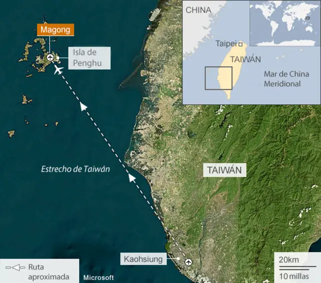 Ruta aproximada del avion que se estrello en Taiwan