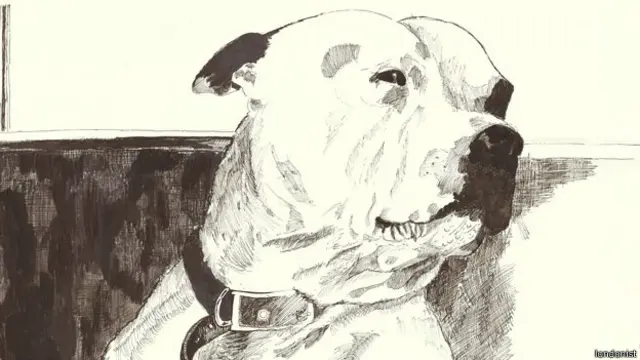 Karya sketsa John Dolan tentang anjing miliknya, George.