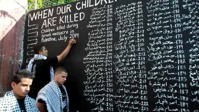 غرب اردن میں فلسطینی نوجوان ایک بورڈ پر ان بچوں کے نام لکھ رہے ہیں جو غزہ پر اسرائیلی حملوں میں ہلاک ہوئے ہیں۔ 