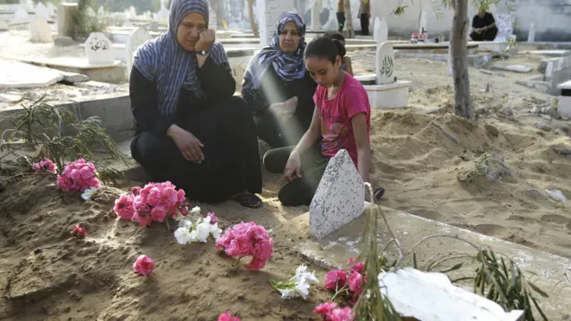 ابیر شمالے (بائیں) عید کے روز اپنے بیٹے کی قبر پر بیٹھی ہیں جو اسرائیلی بمباری میں ہلاک ہوا تھا۔ 