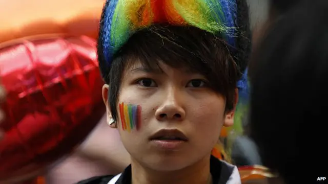 Participante en un desfile del orgullo gay en Hong Kong, 12 de noviembre de 2011