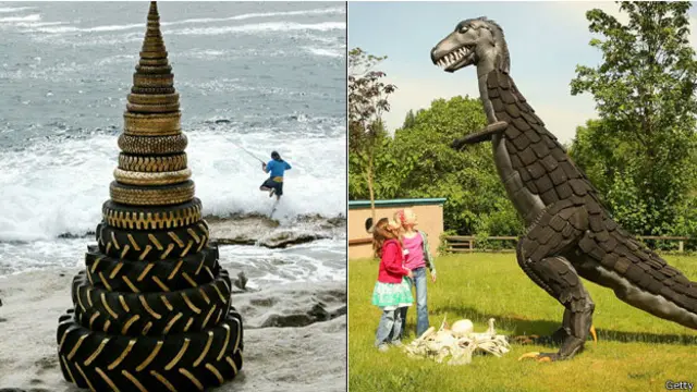 Esculturas hechas con neumáticos reciclados