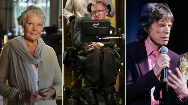 賈格爾（右），珠蒂·丹契（左）和史蒂芬·霍金（中）