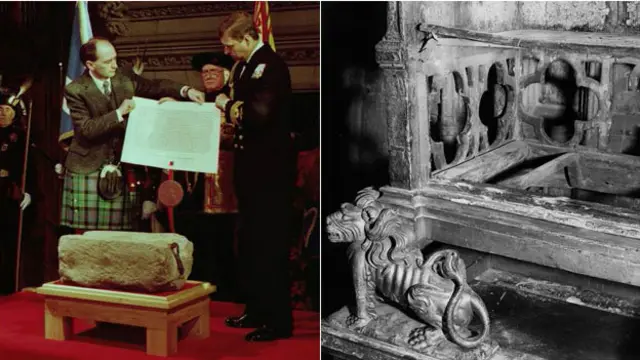 送還加冕石與石頭被盜之後的西敏寺大教堂王座