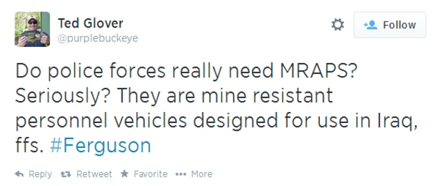 تد گلاور: آیا مأموران پلیس خودروی زرهی لازم دارند؟ واقعا؟ این خودروها نفربرهای ضد مین هستند که بطور خاص برای عراق طراحی شده‌اند