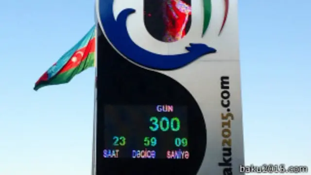 Bakıda quraşdırlmış geriyə sayım tablosu Avropa Oyunlarının açılış mərasiminə 300 günün qaldığını göstərir. 