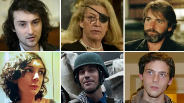 (من اليسار) ادوارد إلياس أفرج عنه بعد اختطافه، ماري كولفين قتلت في غارة جوية، انتوني لويد فر من الاختطاف، إديث بوفييه نجت من غارة جوية، جيمس فولي اختطف ثم قتل، ريمي اوشليك قتل في غارة جوية