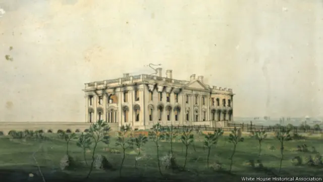 The President's House was left a gutted ruin; the walls still 'white except for great licks of soot that scarred the sockets that had been windows.' President's House by George Munger, ca. 1814-1815. White House Historical Association (White House Collection)