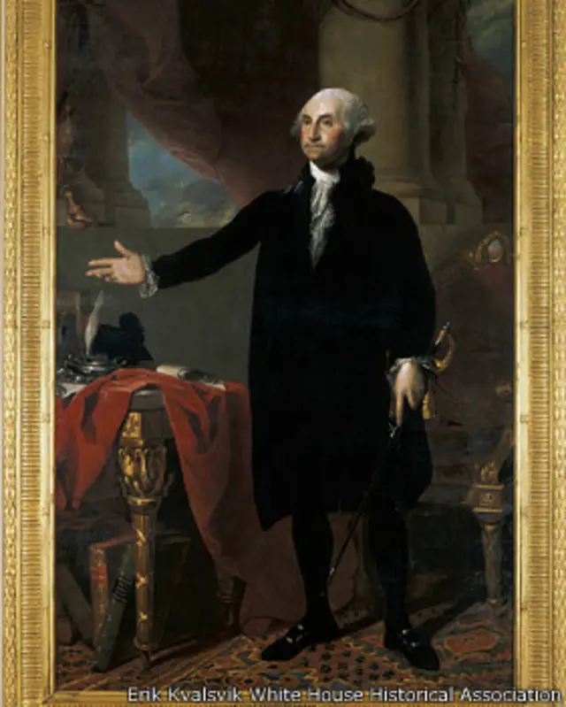 Gilbert Stuart's 1797 portrait of George Washington, saved by Dolley Madison’s order, was taken down and reframed to better preserve it in 2004. Erik Kvalsvik for the White House Historical Association