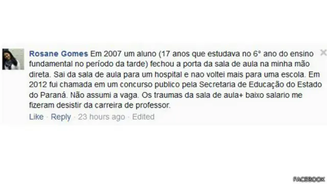 Rosane Gomes foi uma das professoras que contou via redes sociais ter sofrido agressão de alunos