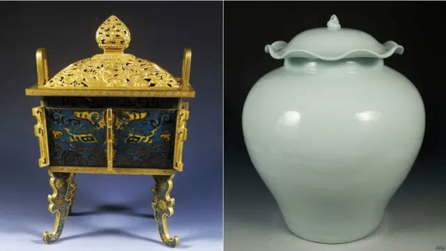 嵌珐琅带盖鼎式炉（左）和白釉荷叶盖罐（右）