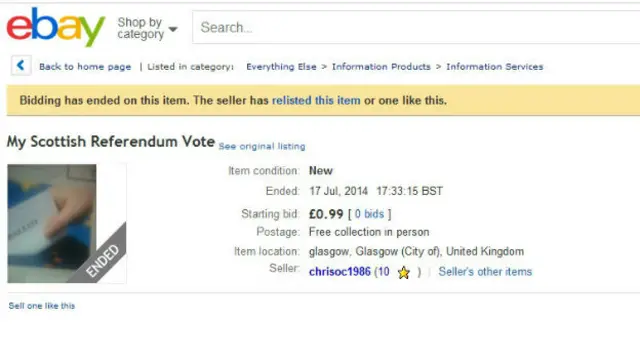 一個格拉斯哥人在網上出售選票,起價99便士。