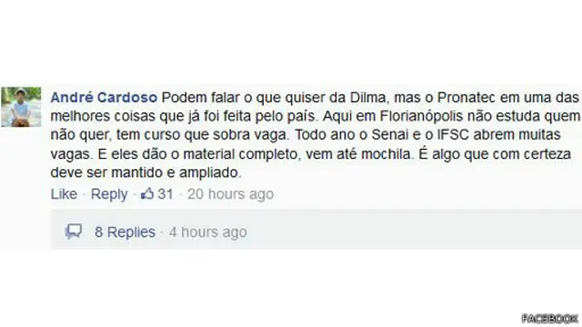 O Pronatec rende tanto apoios veementes ,como o de André Cardoso, que postou esse comentário no Facebook..
