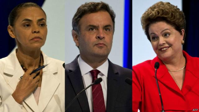 Marina, Aécio e Dilma no debate / Crédito: AFP