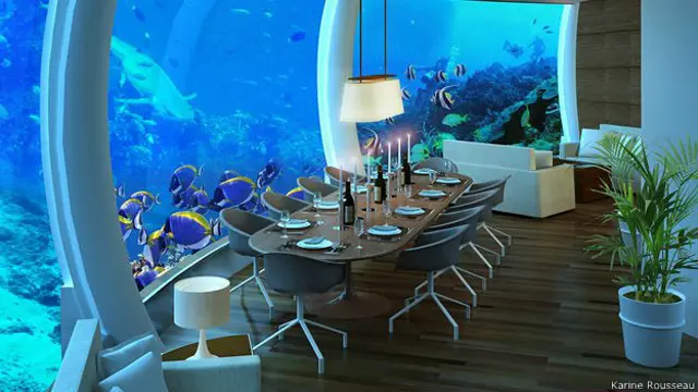 Diseño arquitectónico de sala comedor bajo el agua