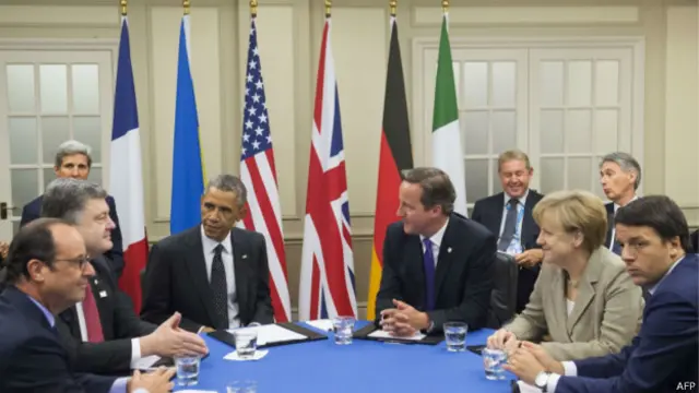 英國、美國、法國、德國、意大利領導人在峰會前會見烏克蘭總統波羅申科。