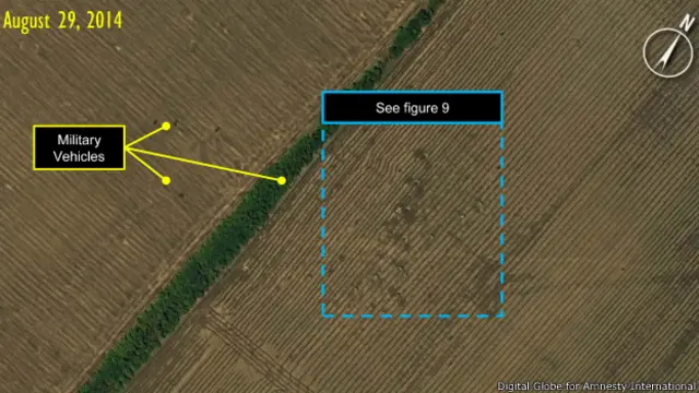 Спутниковый снимок, сделанный по заказу Amnesty International для иллюстрации перемещений российской военной техники на территории Украины