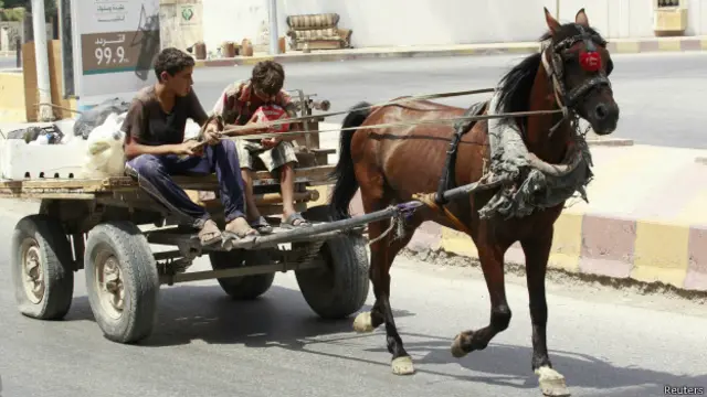 Niños en un carro a caballo en Raqqa, Siria