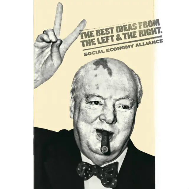 Ao fundir fotos de políticos de 'esquerda' e de 'direita', cartazes sugerem que as melhores ideias de ambos os lados sejam usadas.