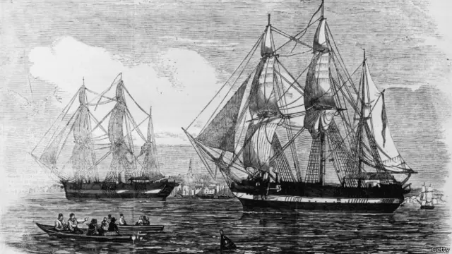 Kapal HMS Erebus dan HMS Terror pimpinan Sir John Franklin memulai ekspedisi naas itu, dalam ilustrasi London News, 24 Mei 1845.
