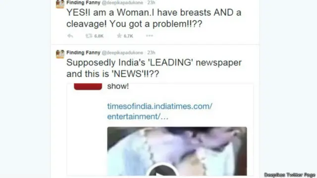 دیپکا نے ٹویٹ کی: ’ہاں میں ایک عورت ہوں، میری چھاتیاں بھی ہیں اور خطہ سینہ بھی، کیا آپ کو کوئی مسئلہ ہے؟‘