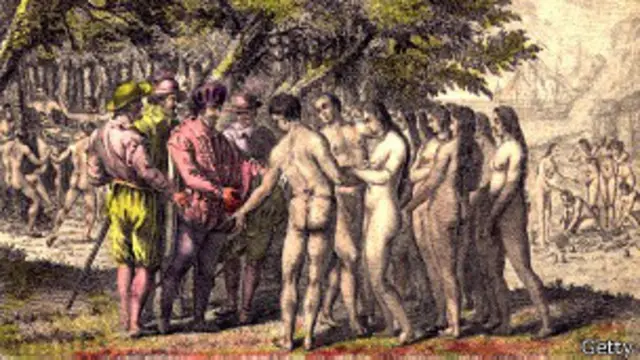 Pintura en el Archivo Hulton que muestra a Hernán Cortés dialogando con nativos de Mesoamérica.