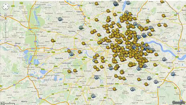 Карта Google: куда падали нацистские ракеты (Лондон и окрестности)