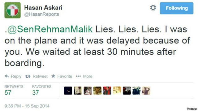 پرواز پر موجود ایک مسافر حسن عسکری نے ٹوئٹر پر اور بعد میں بی بی سی کو بتایا کہ پرواز کی تاخیر کی وہ وی آئی پی مسافر تھی