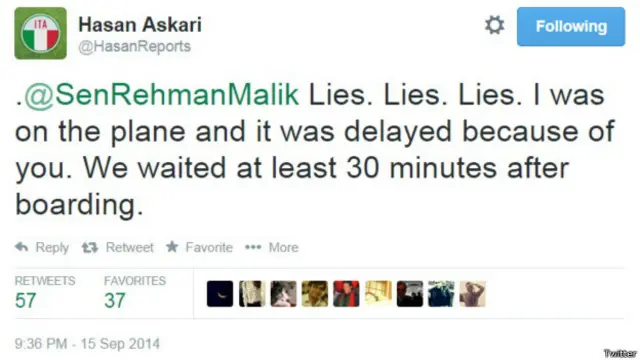پرواز پر موجود ایک مسافر حسن عسکری نے ٹوئٹر پر اور بعد میں بی بی سی کو بتایا کہ پرواز کی تاخیر کی وہ وی آئی پی مسافر تھی