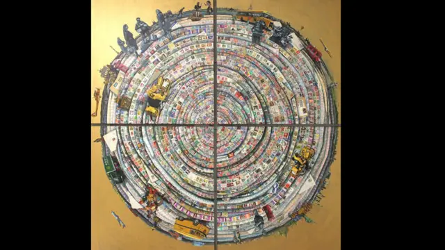 درویش با بازسازی جهان های متفاوت از ماده ما را با گذر زمان روبرو می کند، تمبر نمونه خوبی از این فراموشی نوستالژیک است 