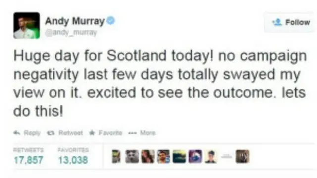 Tuíte de Murray diz que resolveu apoiar o Sim pelo negativismo da campanha do Não