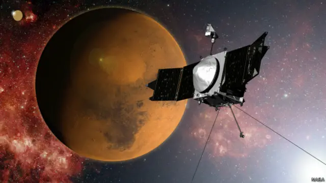 Gambaran pelukis tentang wahana Maven sebagai satelit yang mengorbit Mars