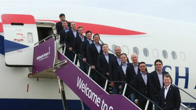 अमरीका की रायडर कप गोल्फ टीम पहुंची एडिनबरा एयरपोर्ट पर. 