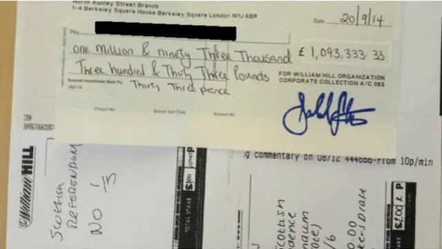 這位沒有透露姓名的男子為蘇格蘭公投結果是反對獨立而投下90萬英鎊的賭注。