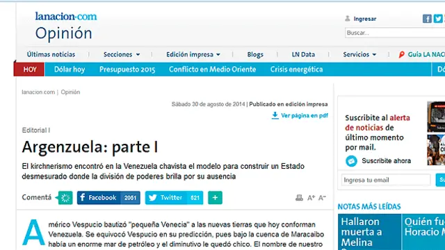 Portada del diario La Nación.