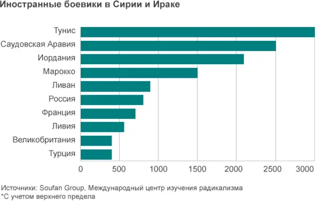 На диаграмме показаны основные страны происхождения боевиков "Исламского государства"
