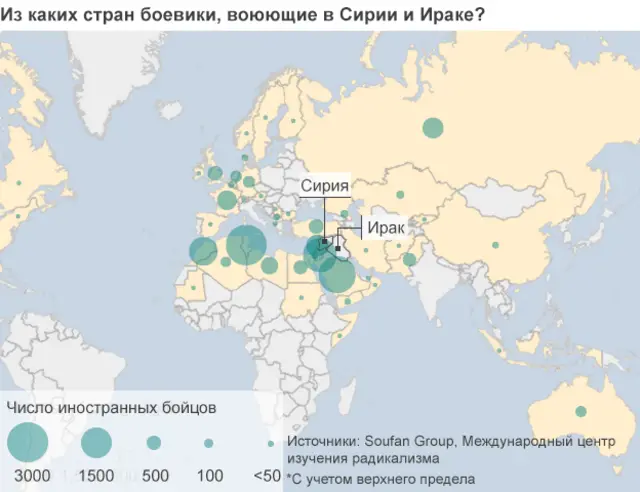 На карте обозначено, из каких стран прибывают боевики "Исламского государства"