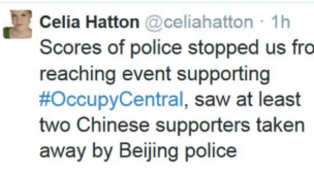 杉丽雅发推特说，两名香港抗议行动的支持者被带走。