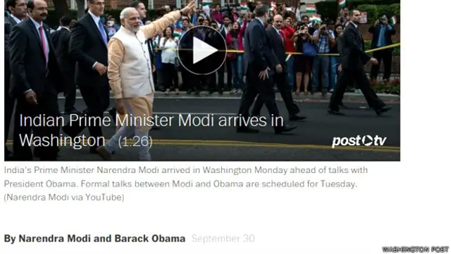 वॉशिगटन पोस्ट की वेबसाइट संस्करण में छपा नरेंद्र मोदी और बराक ओबामा के लेख का स्क्रीन शॉट.