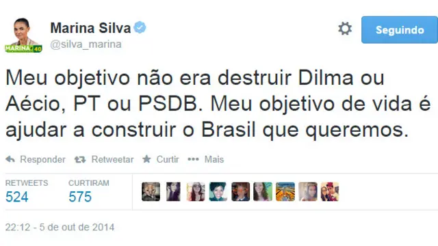 Tweet da Marina (Reprodução)