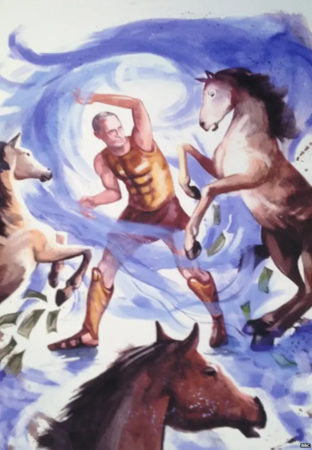 Як сказав ВВС один із членів групи Михайло Антонов, "художники хочуть зберегти анонімність". Він додав, що всі ці зображення - подарунок президенту до дня народження. На цій картині пан Путін обороняється від коней, які представляють корупцію.