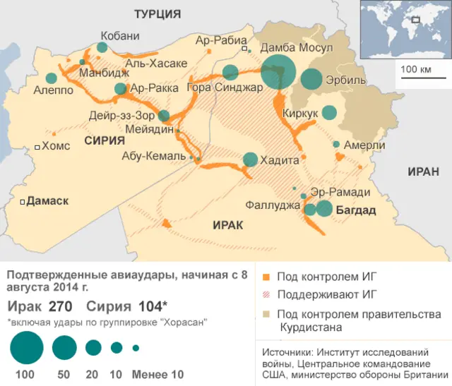 Карта авиаударов по территории Сирии и Ирака