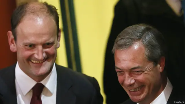 補缺選舉揭曉後，卡斯威爾和英國獨立黨領導人法拉吉興奮不已。