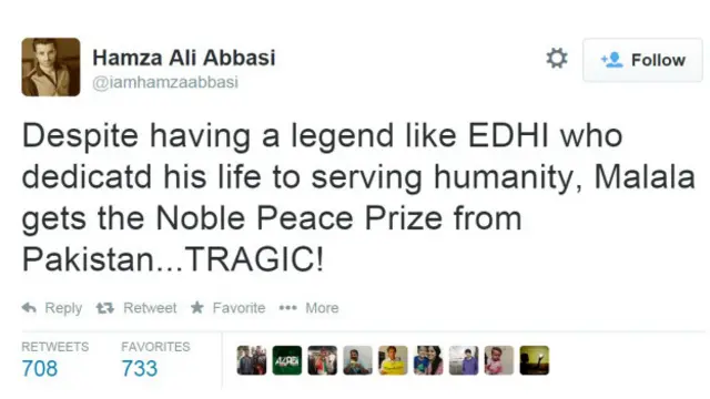 مشہور پاکستانی اداکار حمزہ علی عباسی نےاپنے ٹوٹر اور فیس بک اکاؤنٹس پر ایدھی کے بجائے ملالہ کو نوبیل انعام ملنے پر تنقید کی۔